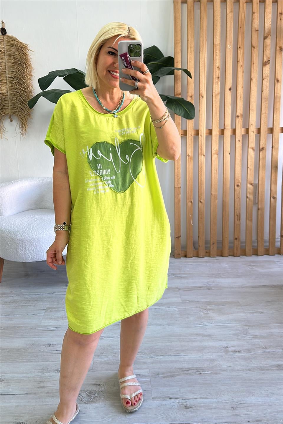 Yeşil Bisiklet Yaka Baskılı Ön Cotton Sırt Penye ElbiseELB2401281-YESIL-STD
