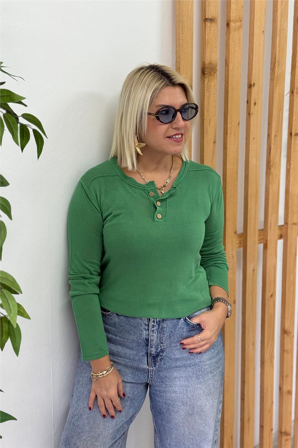 Yeşil Bisiklet Yaka Düğmeli Basic İnce TrikoUT24111038-YESIL-STD