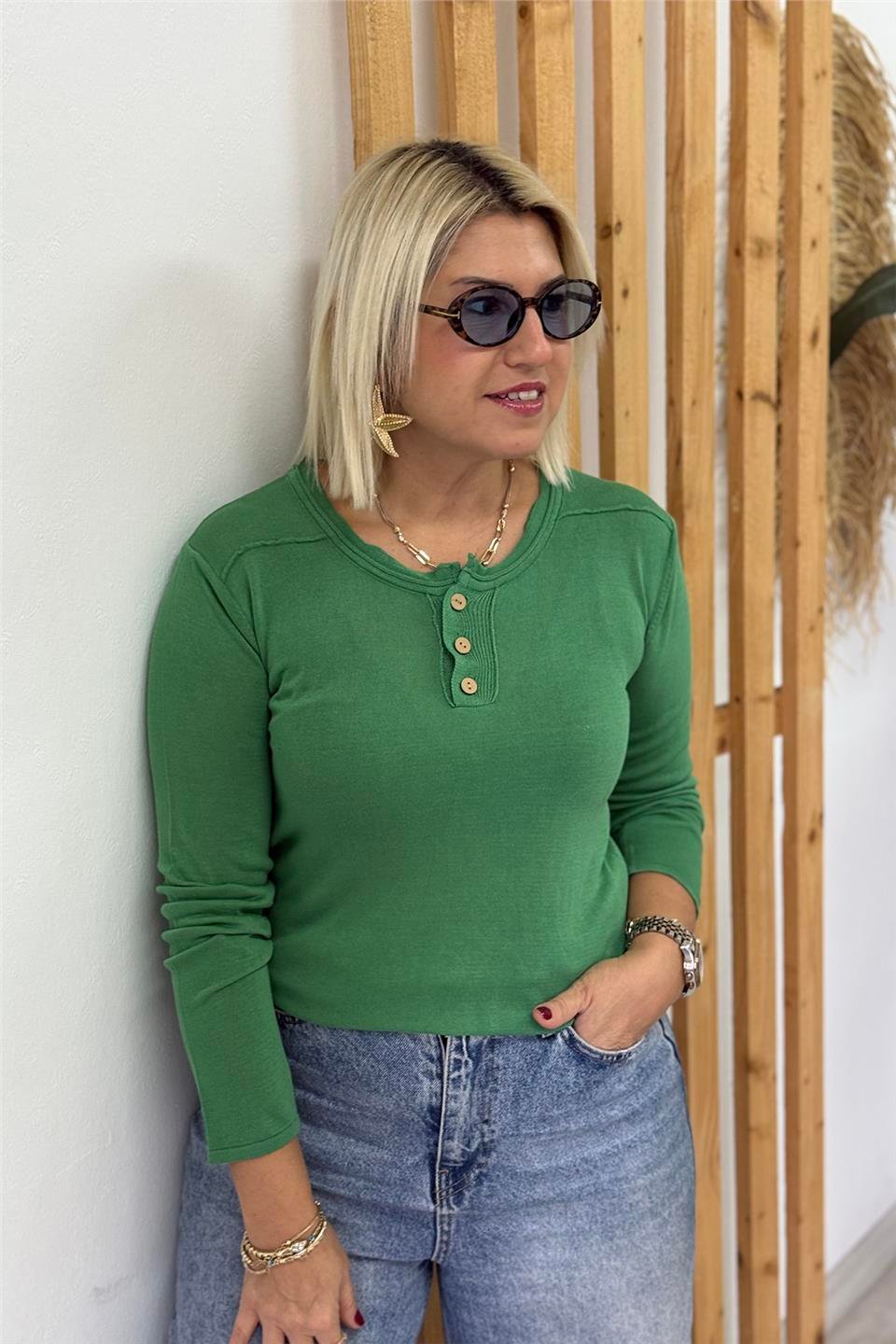 Yeşil Bisiklet Yaka Düğmeli Basic İnce TrikoUT24111038-YESIL-STD