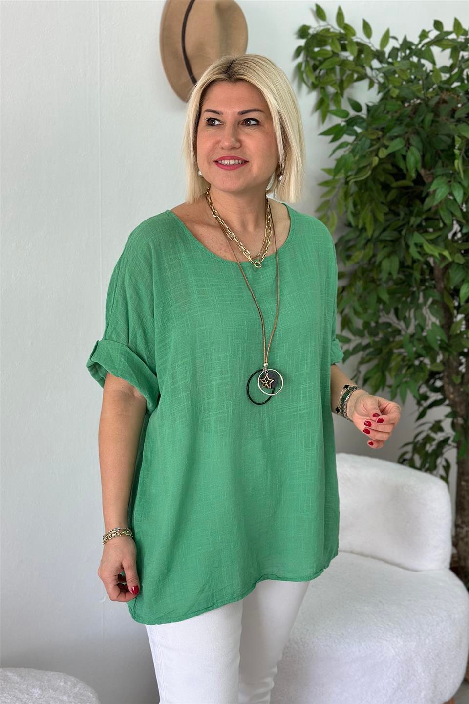 Yeşil Bisiklet Yaka Kolyeli Keten BluzUBL2412236-YESIL-STD