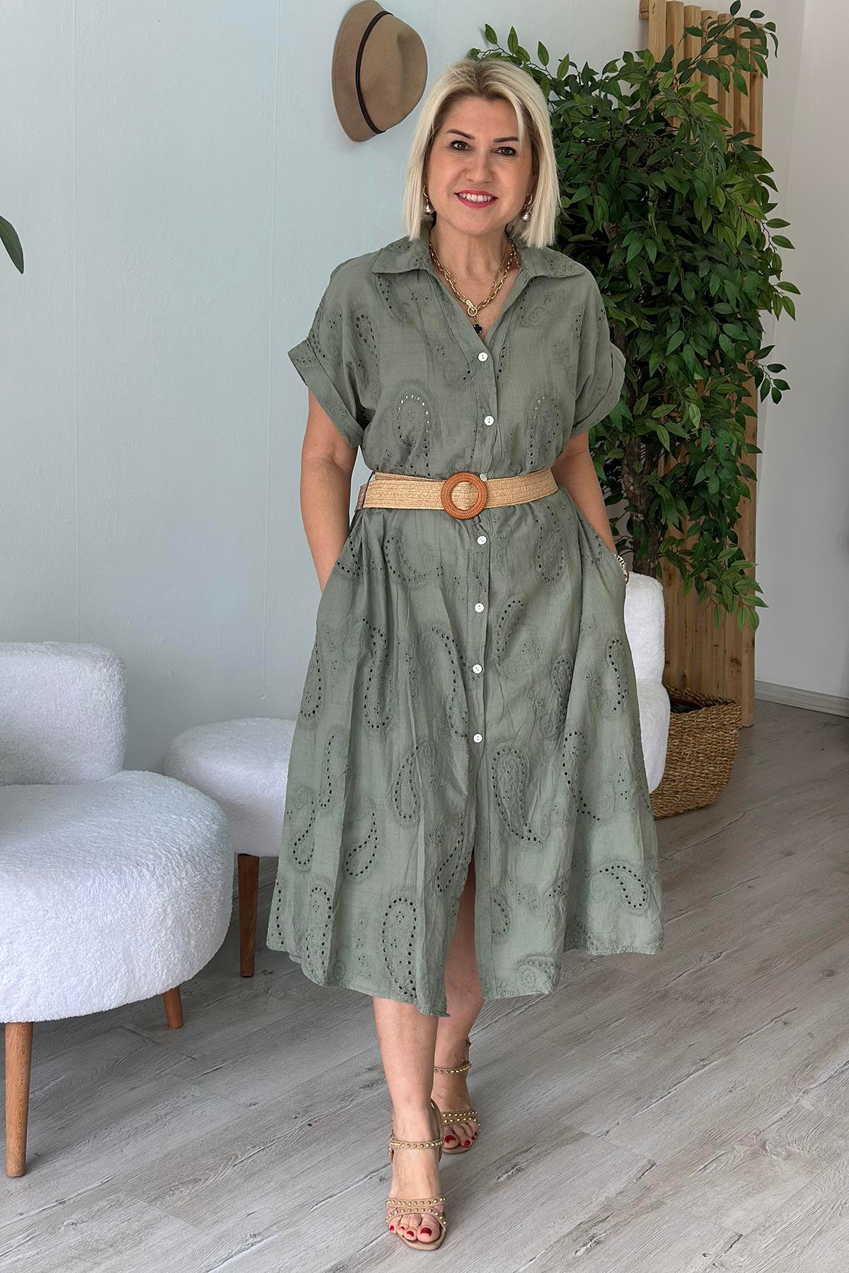 Yeşil Fisto Kemerli İthal Gömlek ElbiseELB2401232-YESIL-STD