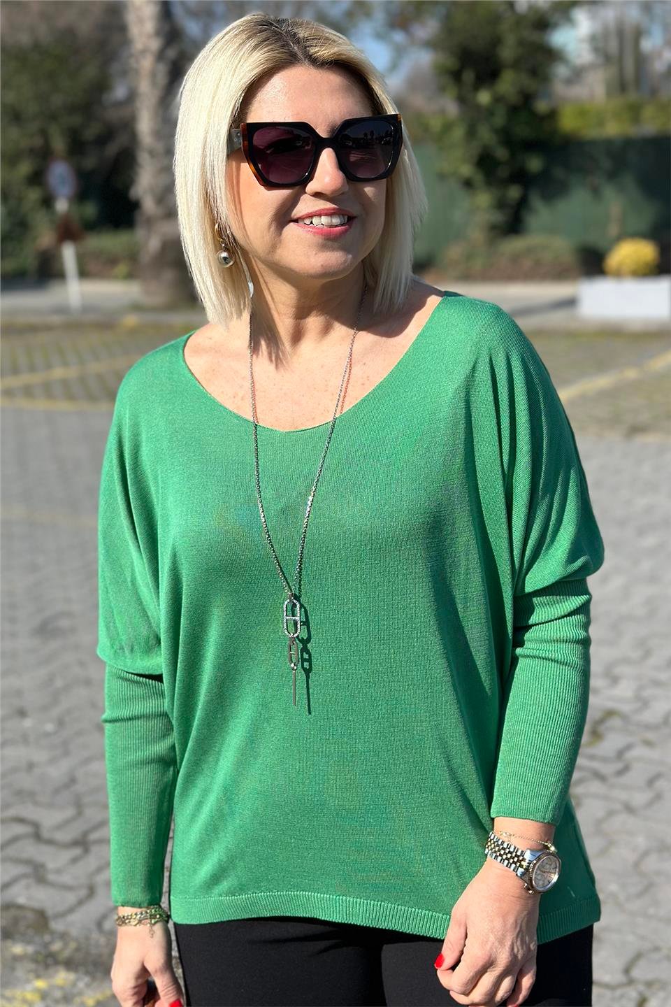 Yeşil Kayık Yaka Yarasa Kol İnce TrikoUT24110975-YESIL-STD