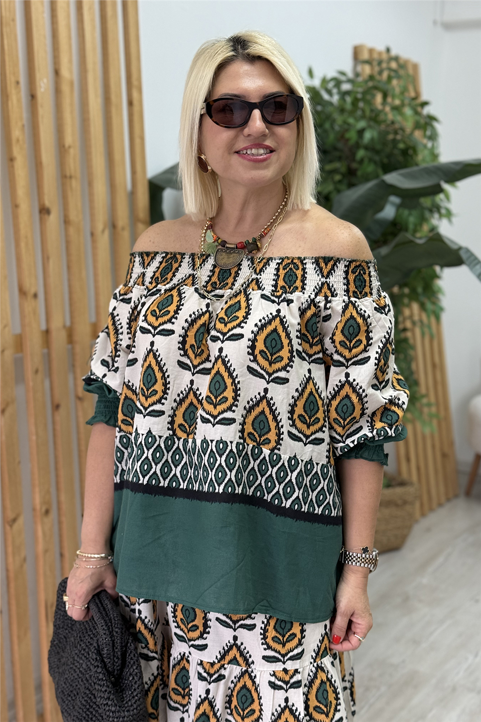 Yeşil Madonna Yaka Desenli Pamuk  İkili TakımUTK25012017-YESIL-STD