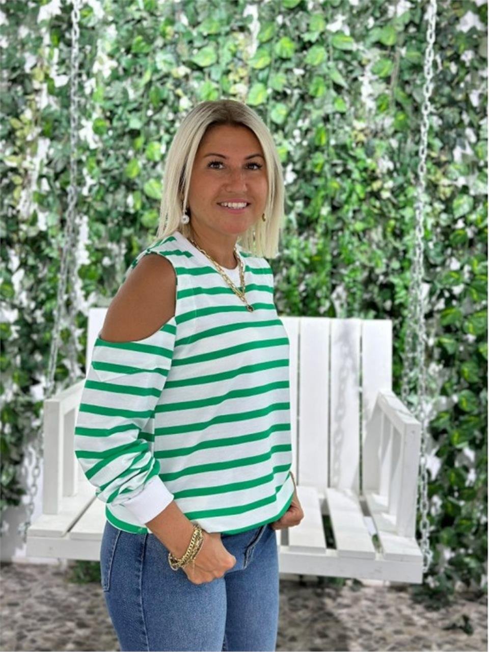 Yeşil Omuz Detay Çizgili Sweatshirt UK225074-Yeşil