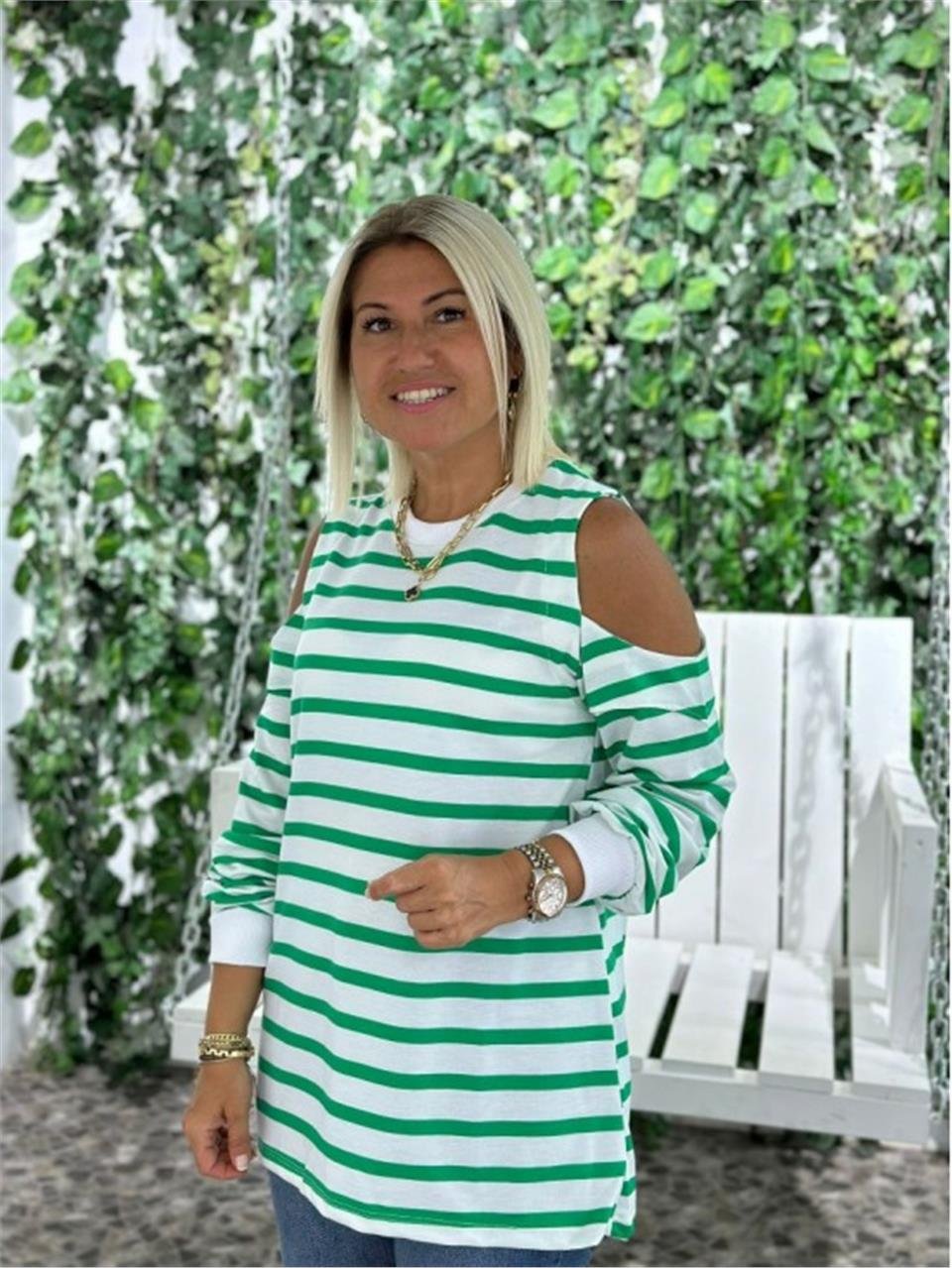Yeşil Omuz Detay Çizgili Sweatshirt UK225074-Yeşil