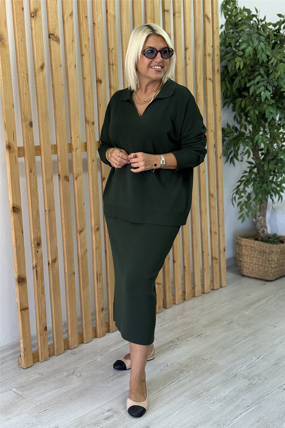 Yeşil Polo Yaka Kalem Etekli Triko İkili TakımUTK25012026-YESIL-STD
