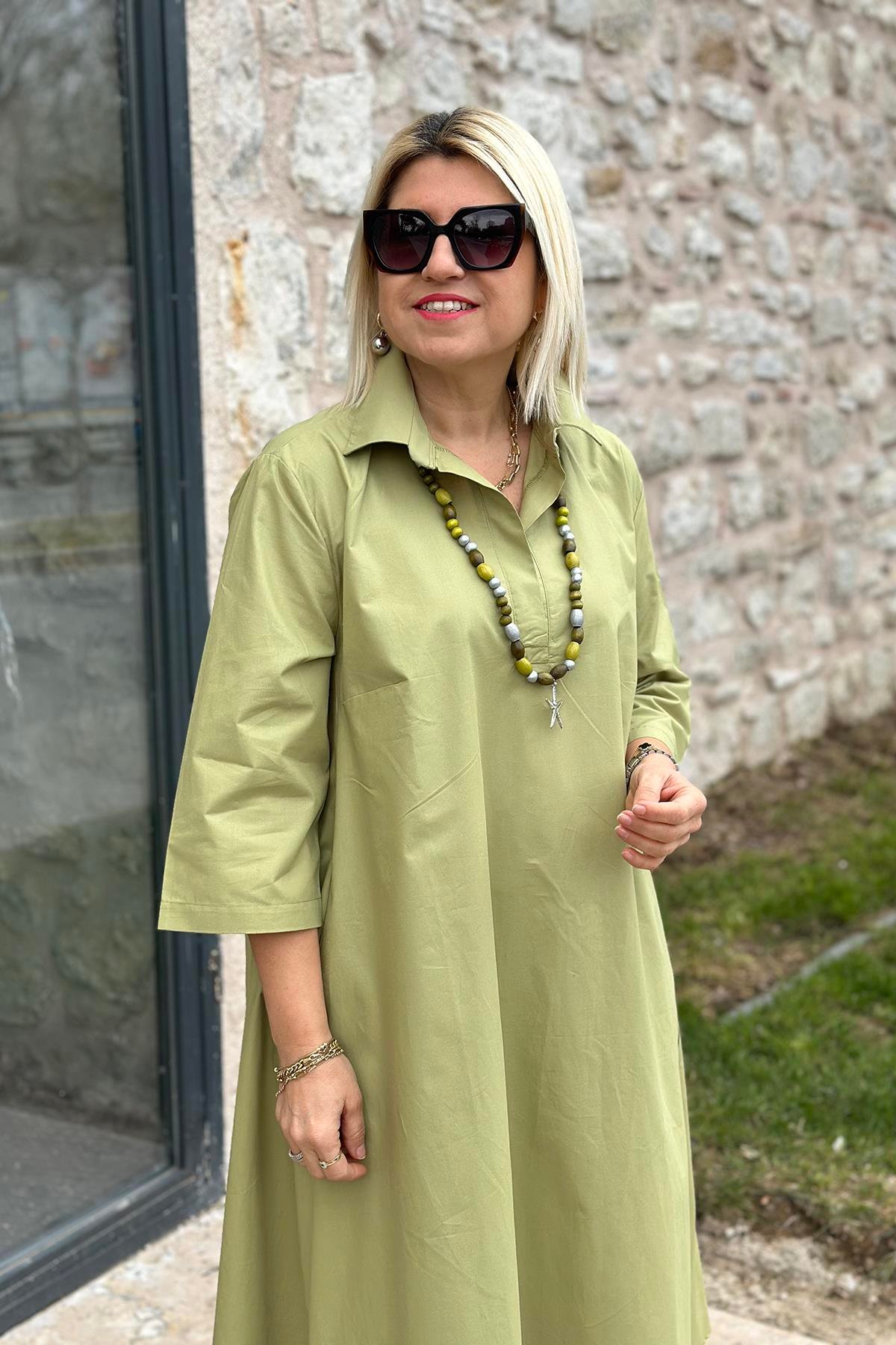 Yeşil Polo Yaka Salaş Cotton Çift Cepli ElbiseELB2401230-YESIL-S