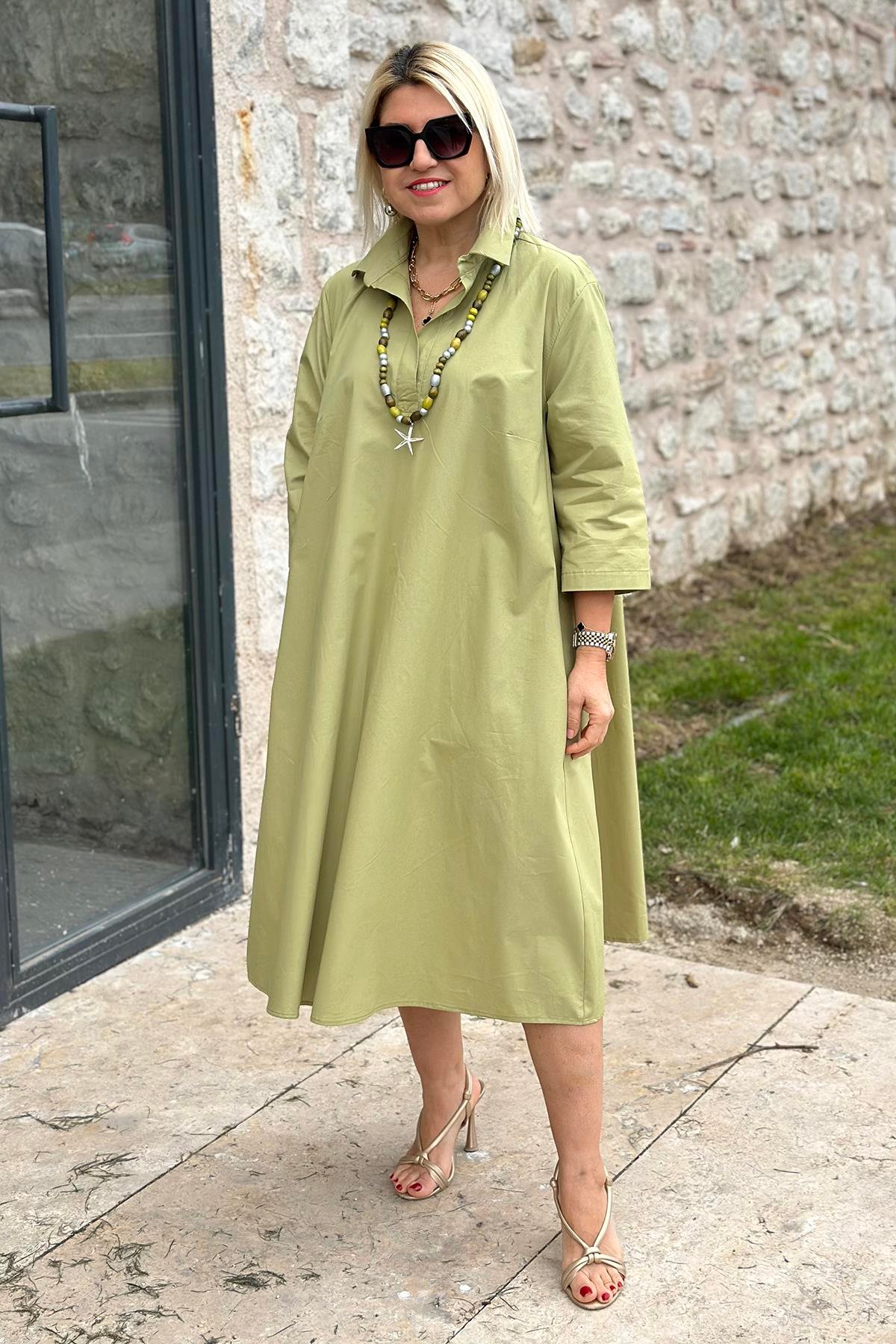 Yeşil Polo Yaka Salaş Cotton Çift Cepli ElbiseELB2401230-YESIL-S