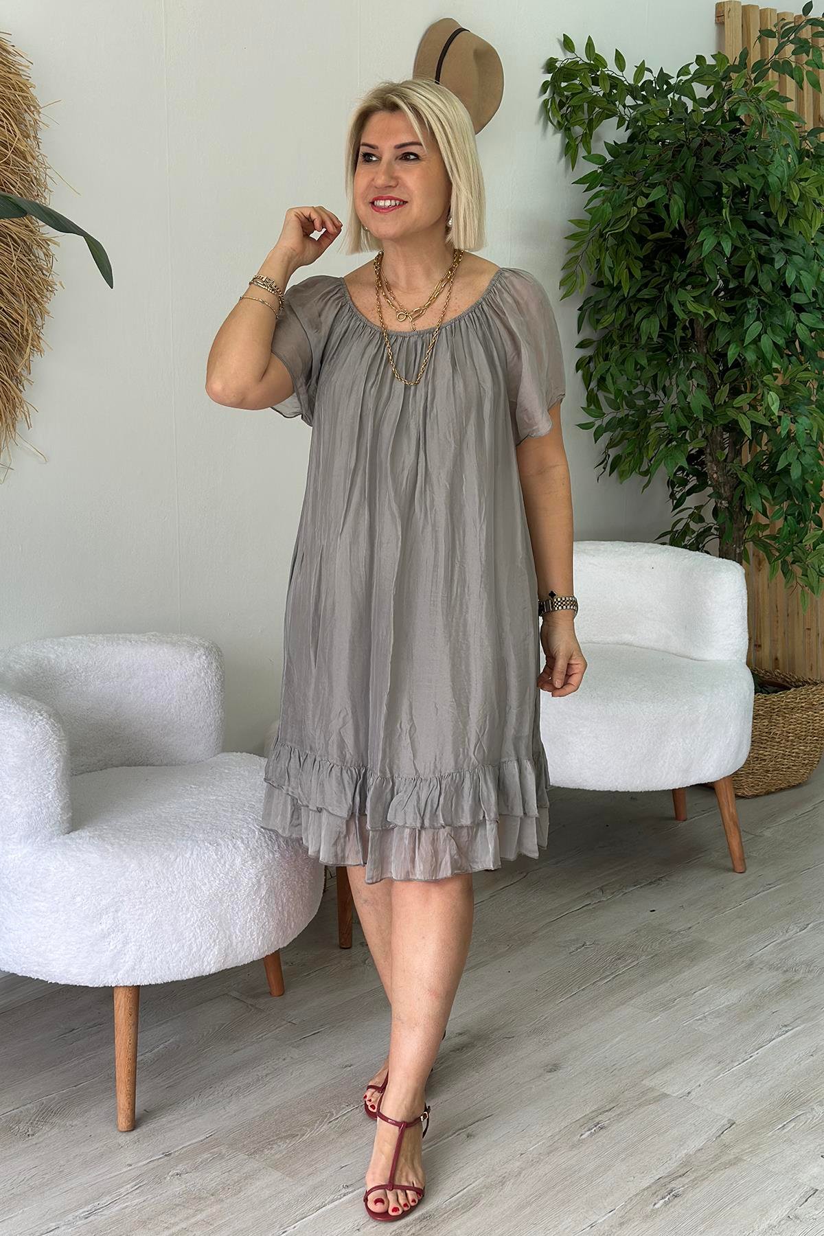 Yeşil Yaka Lastikli Astarlı İpek Şifon ElbiseELB2401233-YESIL-STD