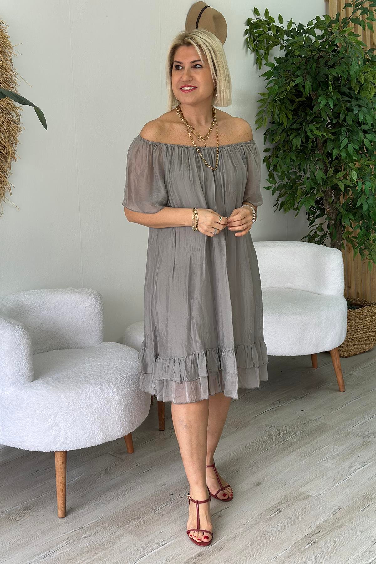 Yeşil Yaka Lastikli Astarlı İpek Şifon ElbiseELB2401233-YESIL-STD