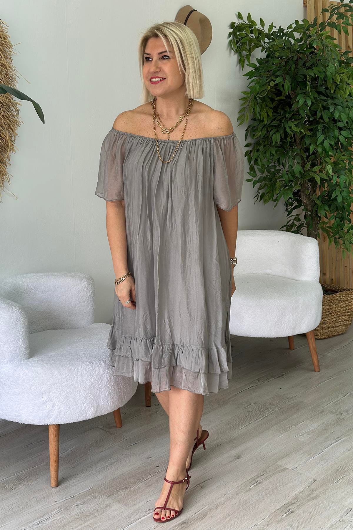 Yeşil Yaka Lastikli Astarlı İpek Şifon ElbiseELB2401233-YESIL-STD