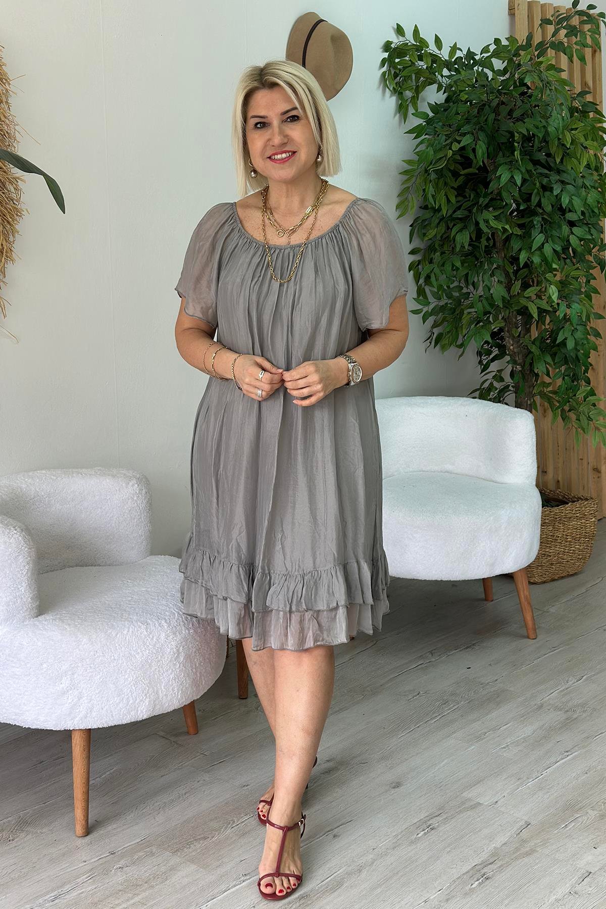 Yeşil Yaka Lastikli Astarlı İpek Şifon ElbiseELB2401233-YESIL-STD