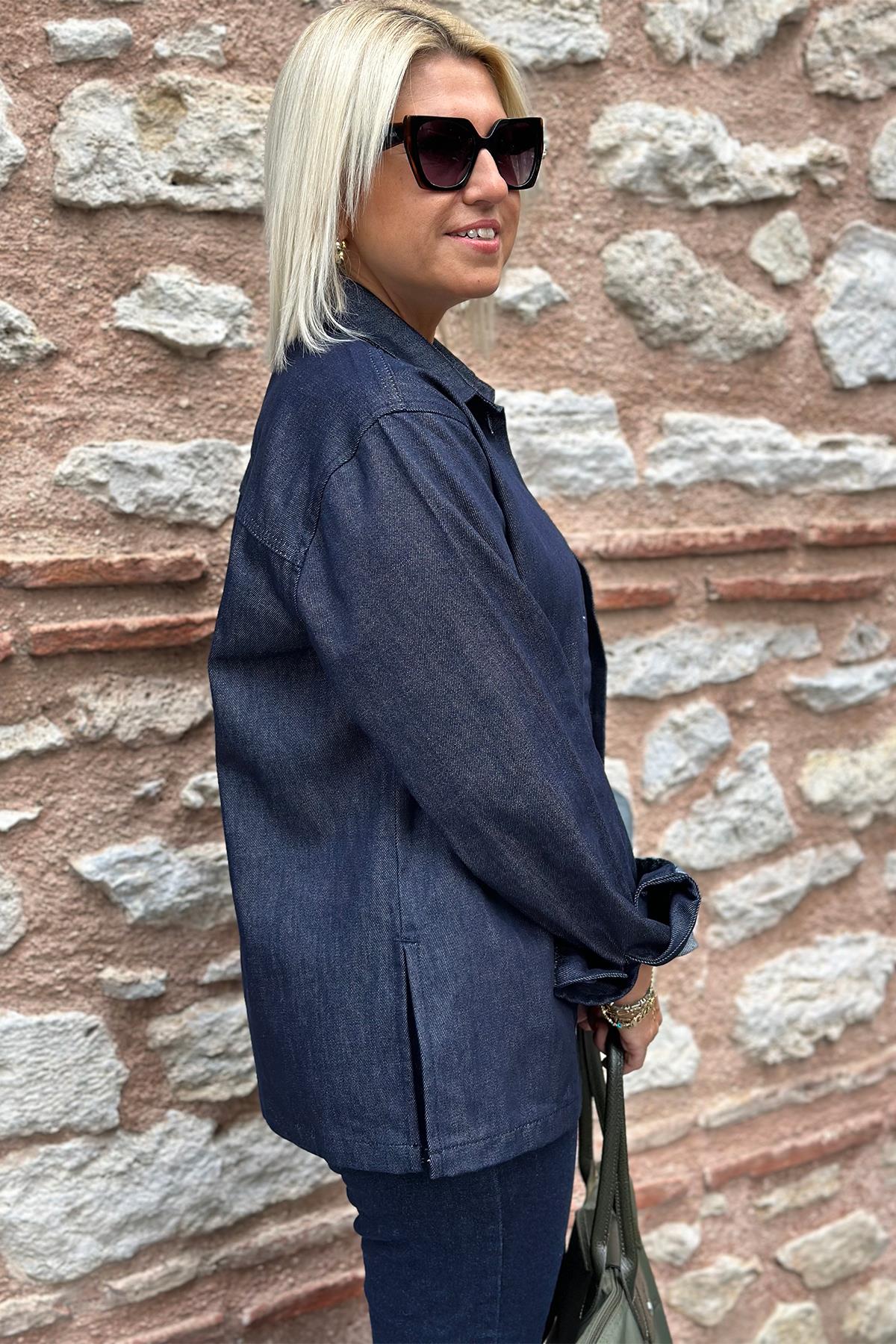 Yırtmaçlı Denim GömlekUK2240177-LACIVERT-S