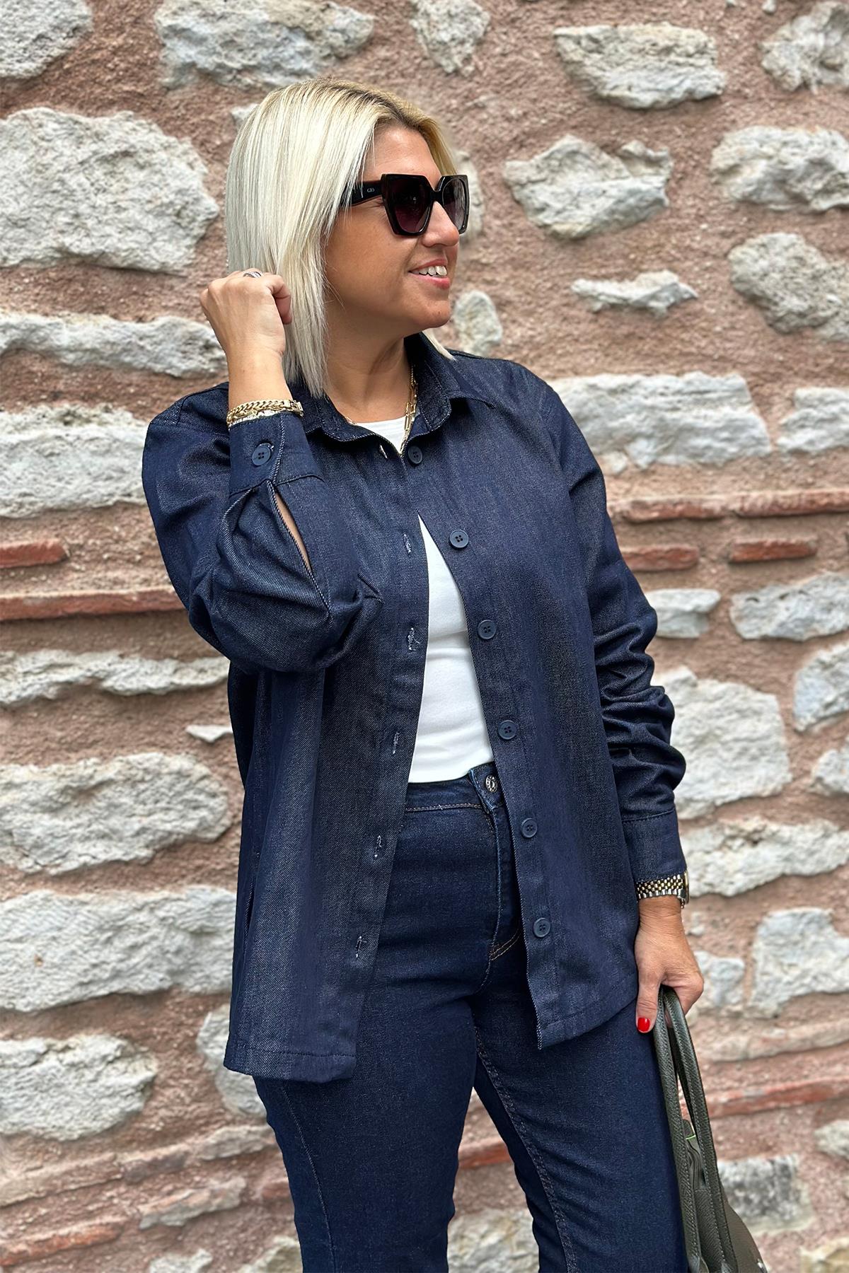 Yırtmaçlı Denim GömlekUK2240177-LACIVERT-S