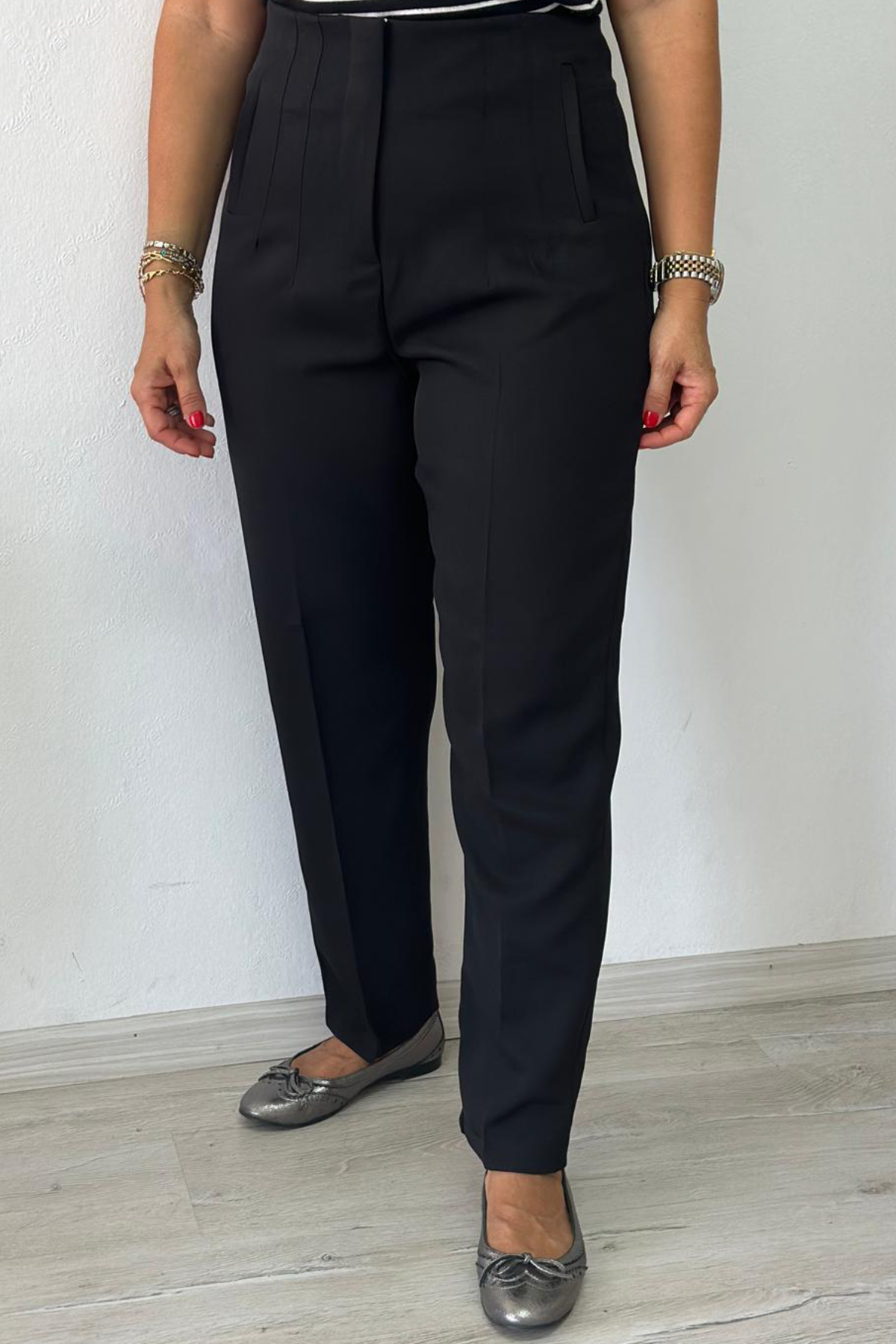 Yüksek Bel Boru Paça Crep PantolonAK224056-SIYAH-42