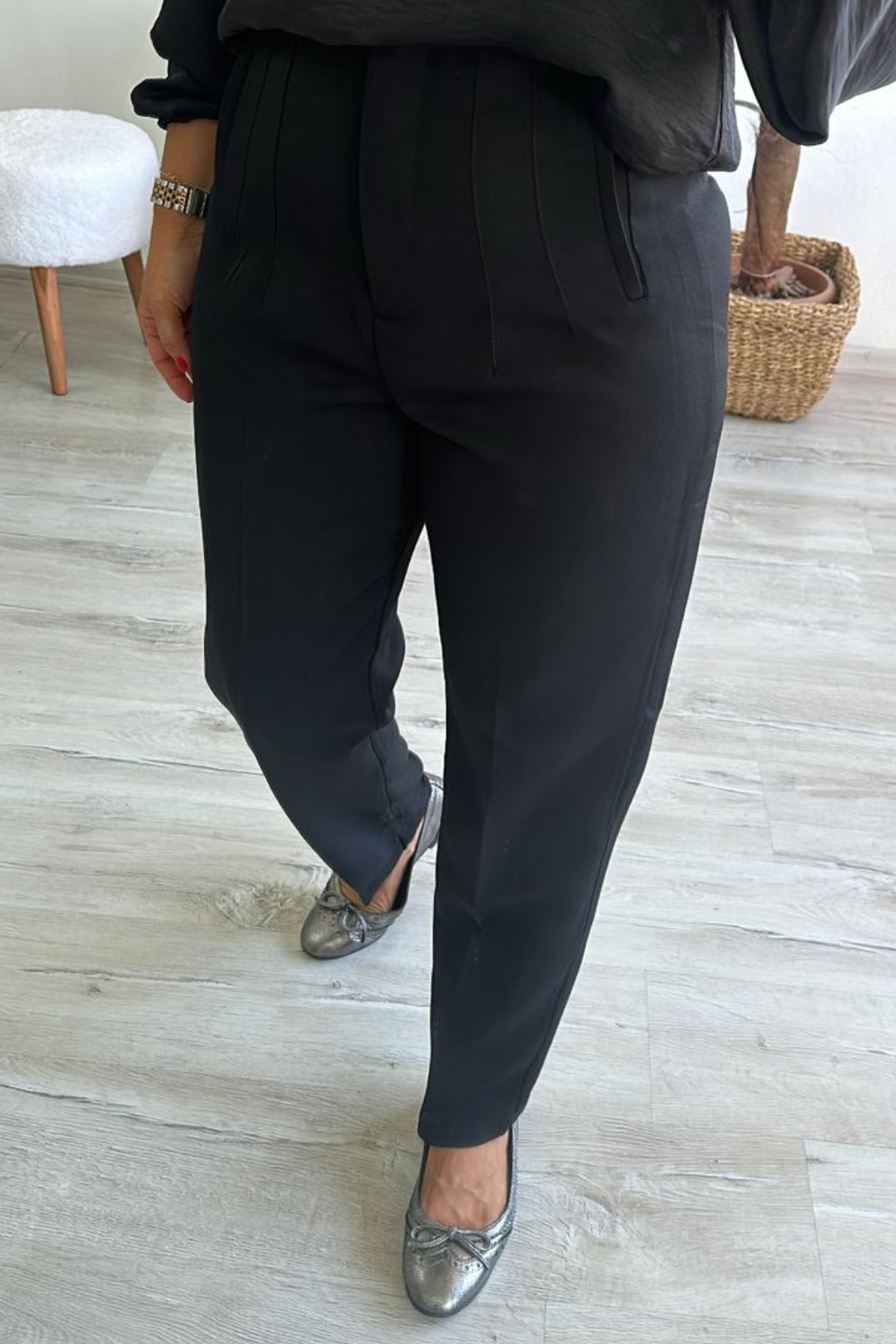 Yüksek Bel Boru Paça Crep PantolonAK224056-SIYAH-42
