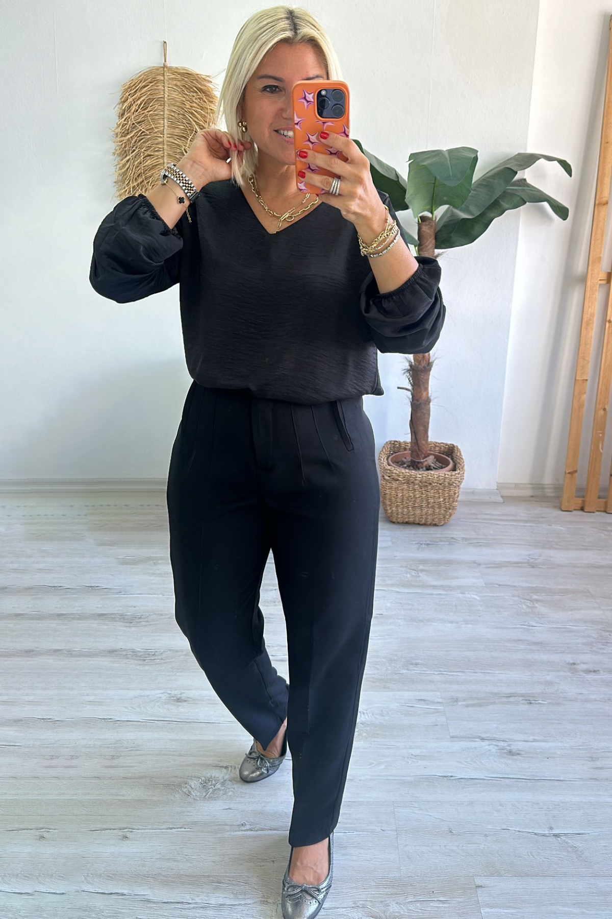 Yüksek Bel Boru Paça Crep PantolonAK224056-SIYAH-42