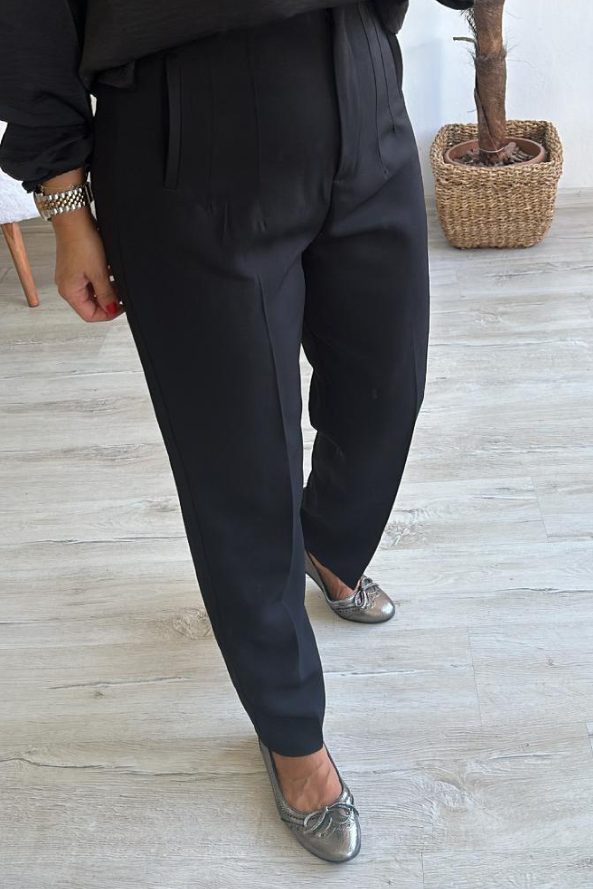 Yüksek Bel Boru Paça Crep PantolonAK224056-SIYAH-42
