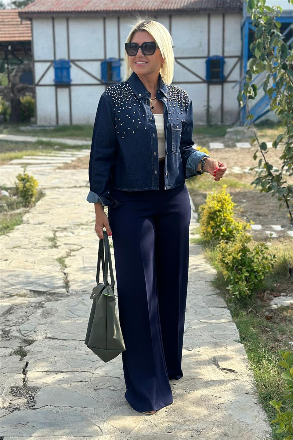 Yüksek Bel Yandan Fermuarlı Bol Paça PantolonAK224050-LACIVERT-XS