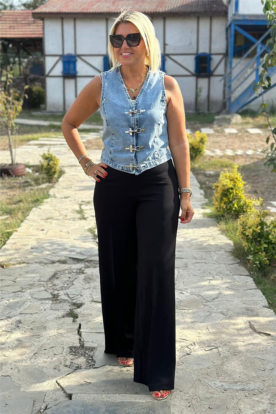 Yüksek Bel Yandan Fermuarlı Bol Paça PantolonAK224050-SIYAH-XS