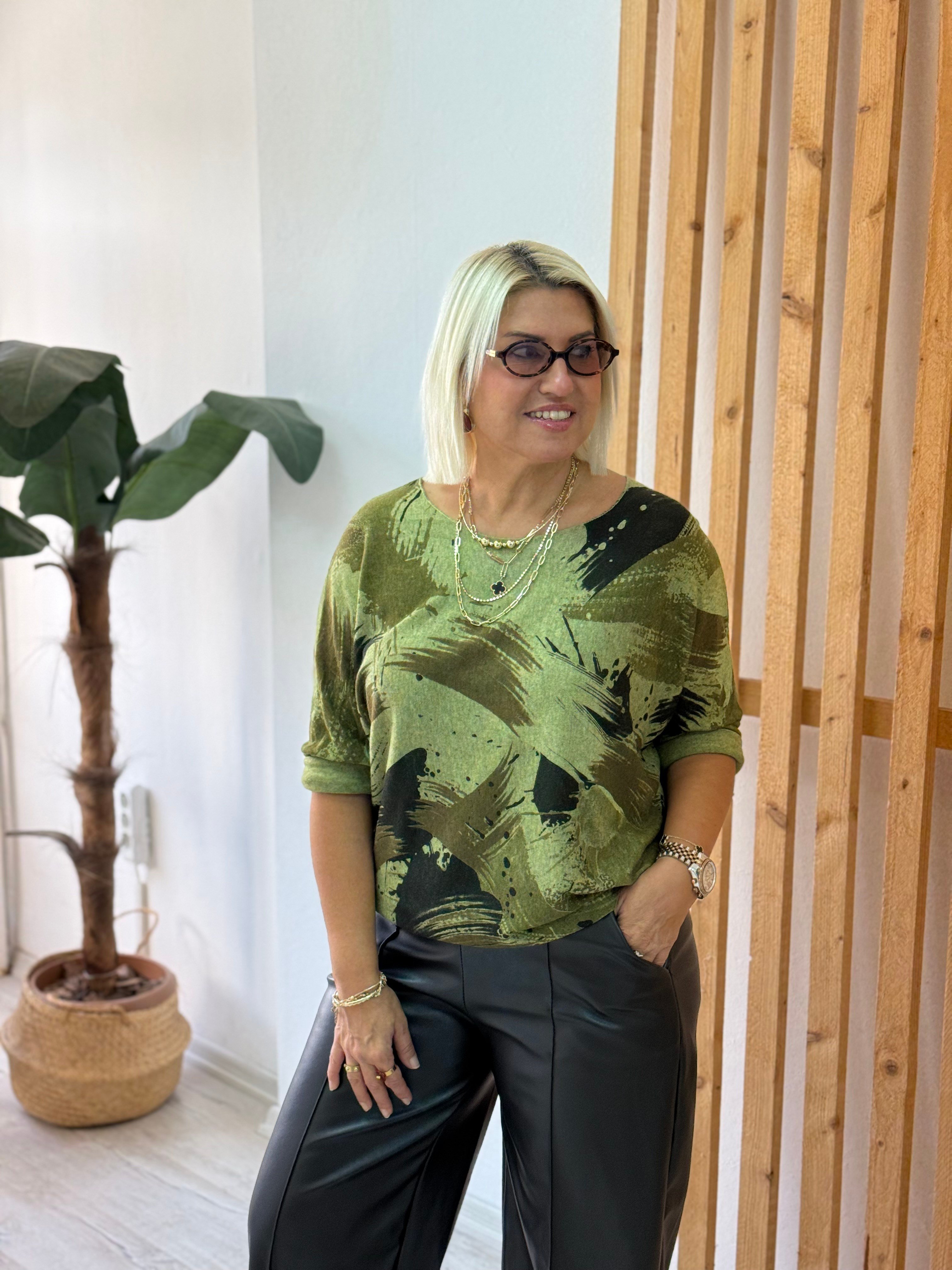 Yuvarlak Yaka Fırça Boyalı İthal BluzUBL2412286-YAĞ YEŞİLİ-STD