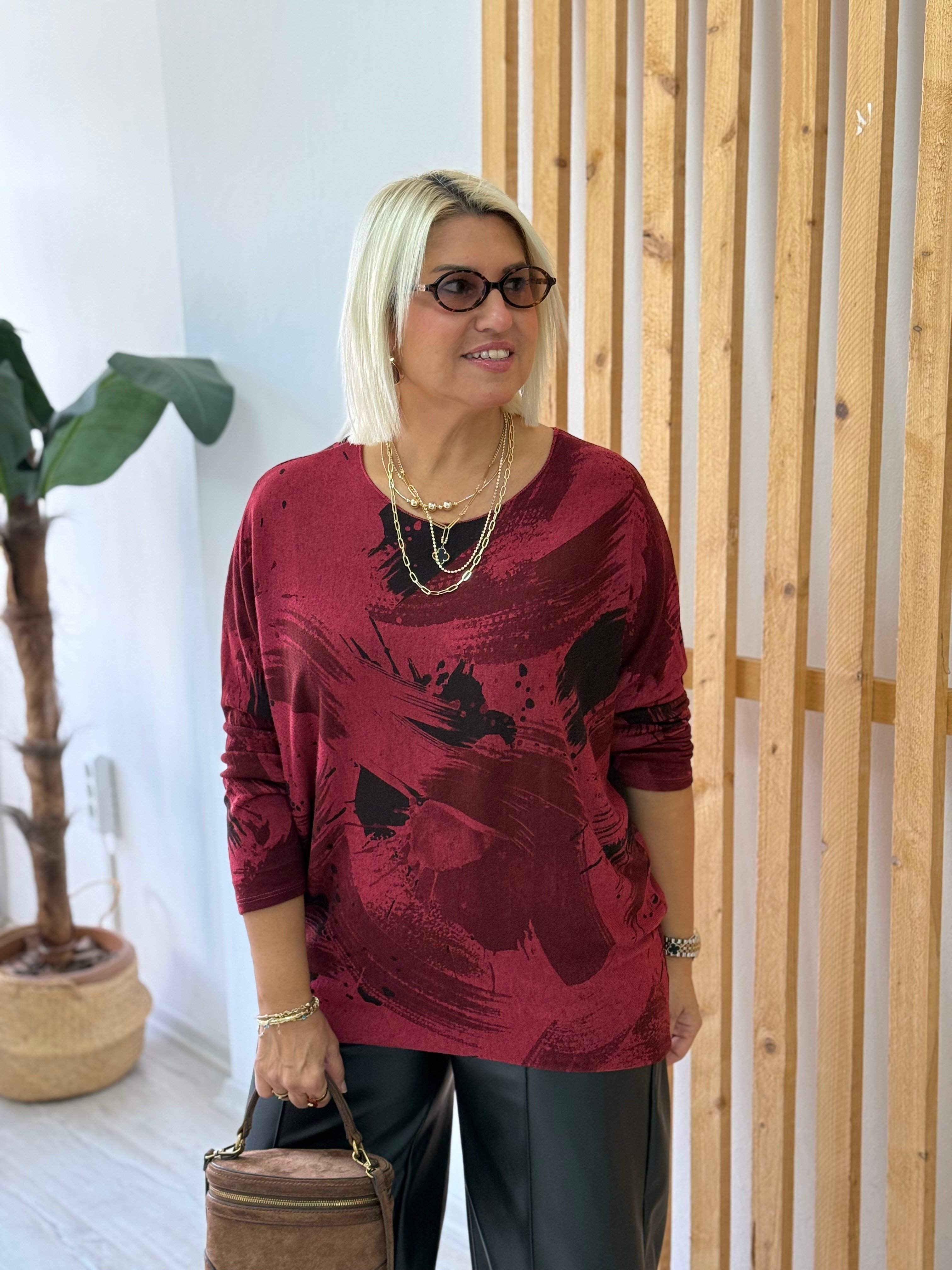 Yuvarlak Yaka Fırça Boyalı İthal BluzUBL2412286-BORDO-STD