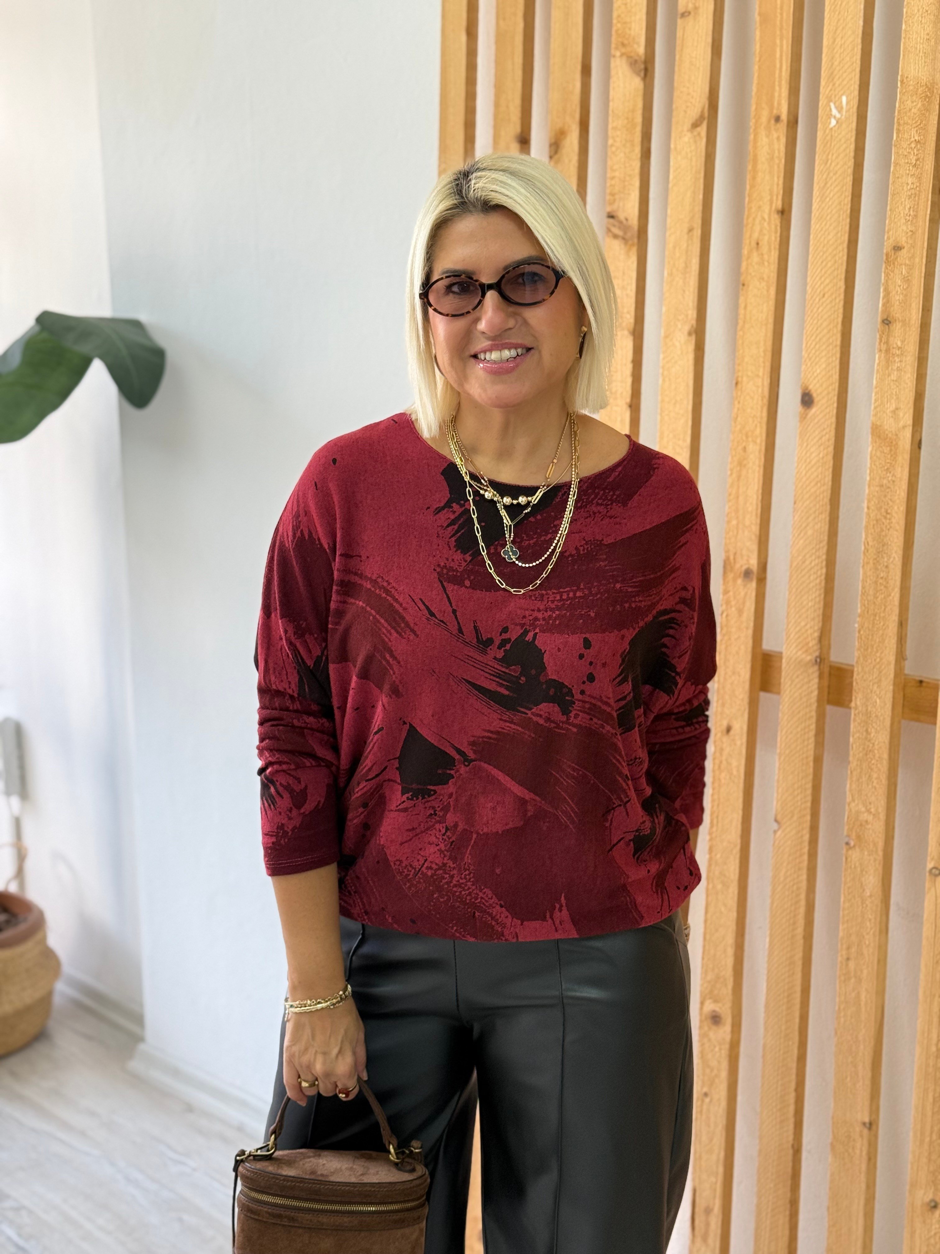 Yuvarlak Yaka Fırça Boyalı İthal BluzUBL2412286-BORDO-STD