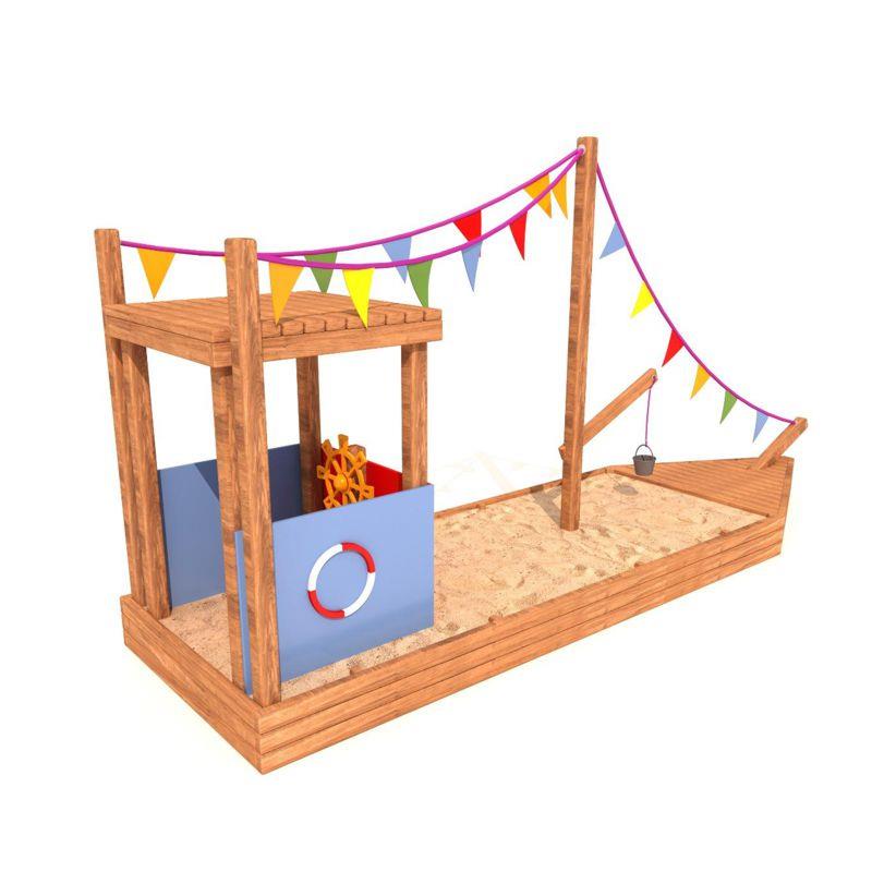 Ahşap Çocuk Kum Gemi Parkı SG28 – Renkli Bayraklı Oyun Alanı