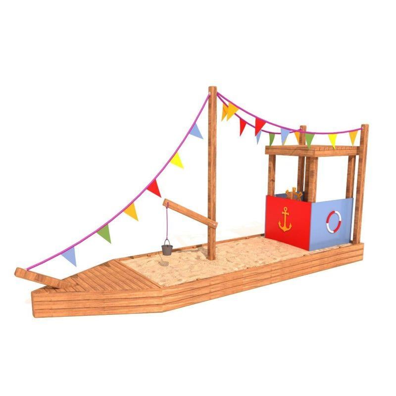 Ahşap Çocuk Kum Gemi Parkı SG28 – Renkli Bayraklı Oyun Alanı