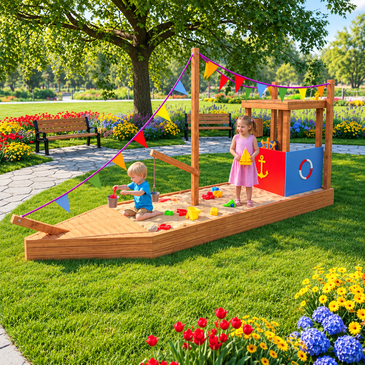 Wooden Children's Sand Ship Playground SG28 – Play Area with Colorful Flags