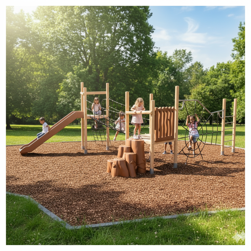 Ahşap Çocuk Oyun Parkı 5.5x6.5m, Halat Köprülü Model