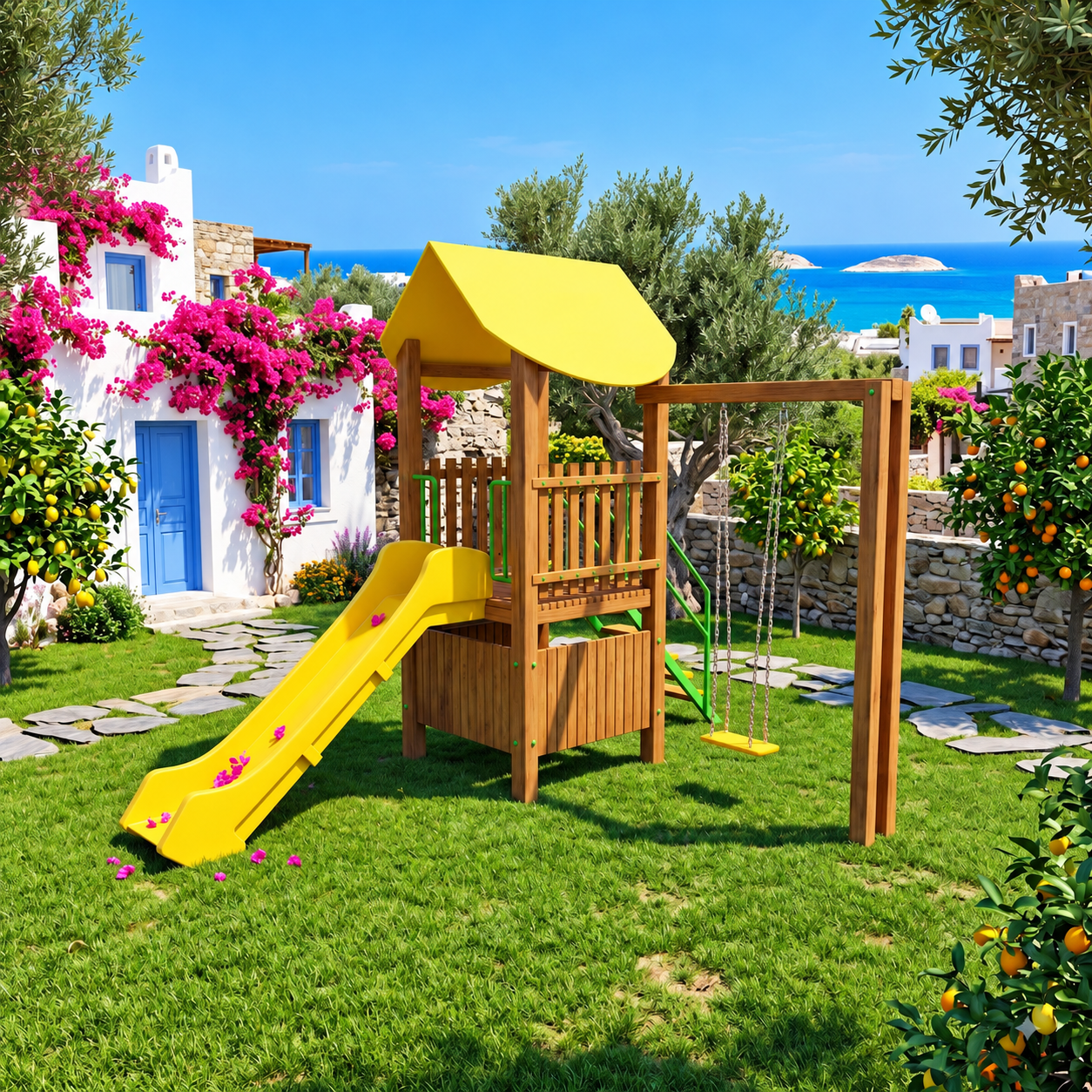 Ahşap Çocuk Oyun Parkı SG09, Bir Kaydırak Tek Salıncaklı Model