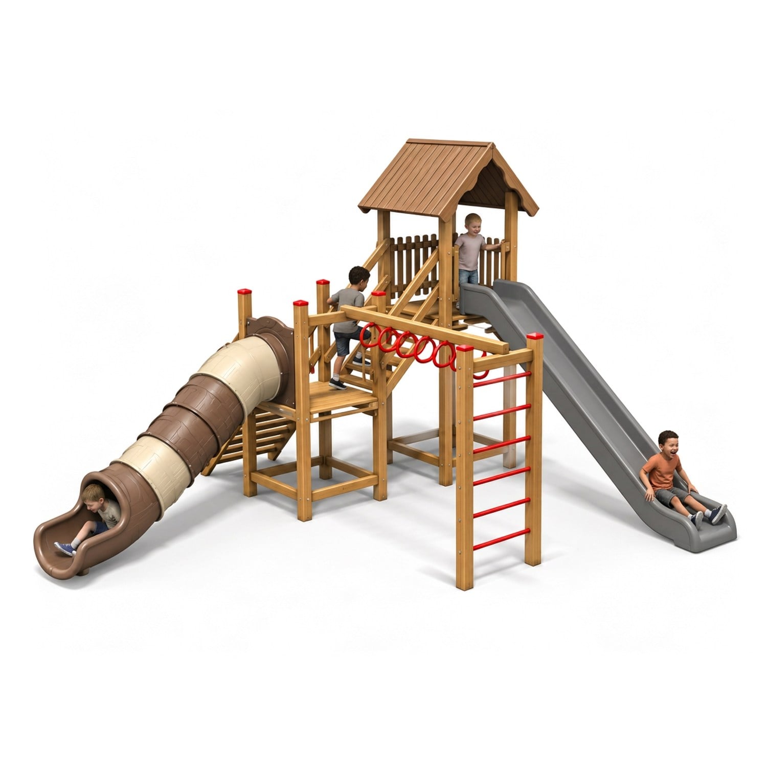 Wooden Outdoor Playground – SGT103 | Double Tower with Tube Slide TOKİ Design