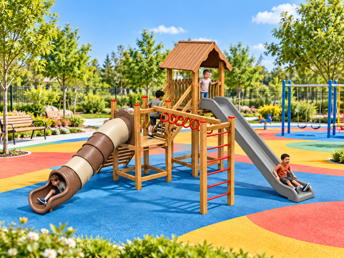 Wooden Outdoor Playground – SGT103 | Double Tower with Tube Slide TOKİ Design
