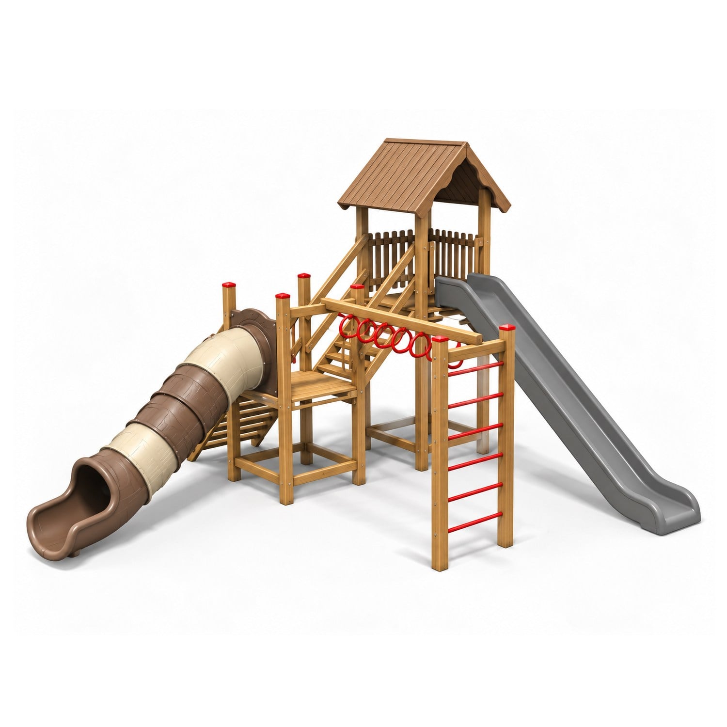 Wooden Outdoor Playground – SGT103 | Double Tower with Tube Slide TOKİ Design