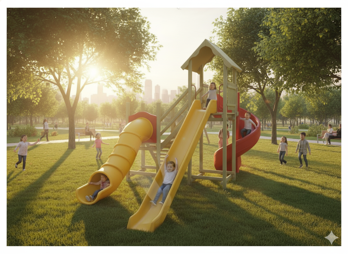 Ahşap Çocuk Oyun Parkı SGT104, 3 Kaydıraklı TOKİ Modeli