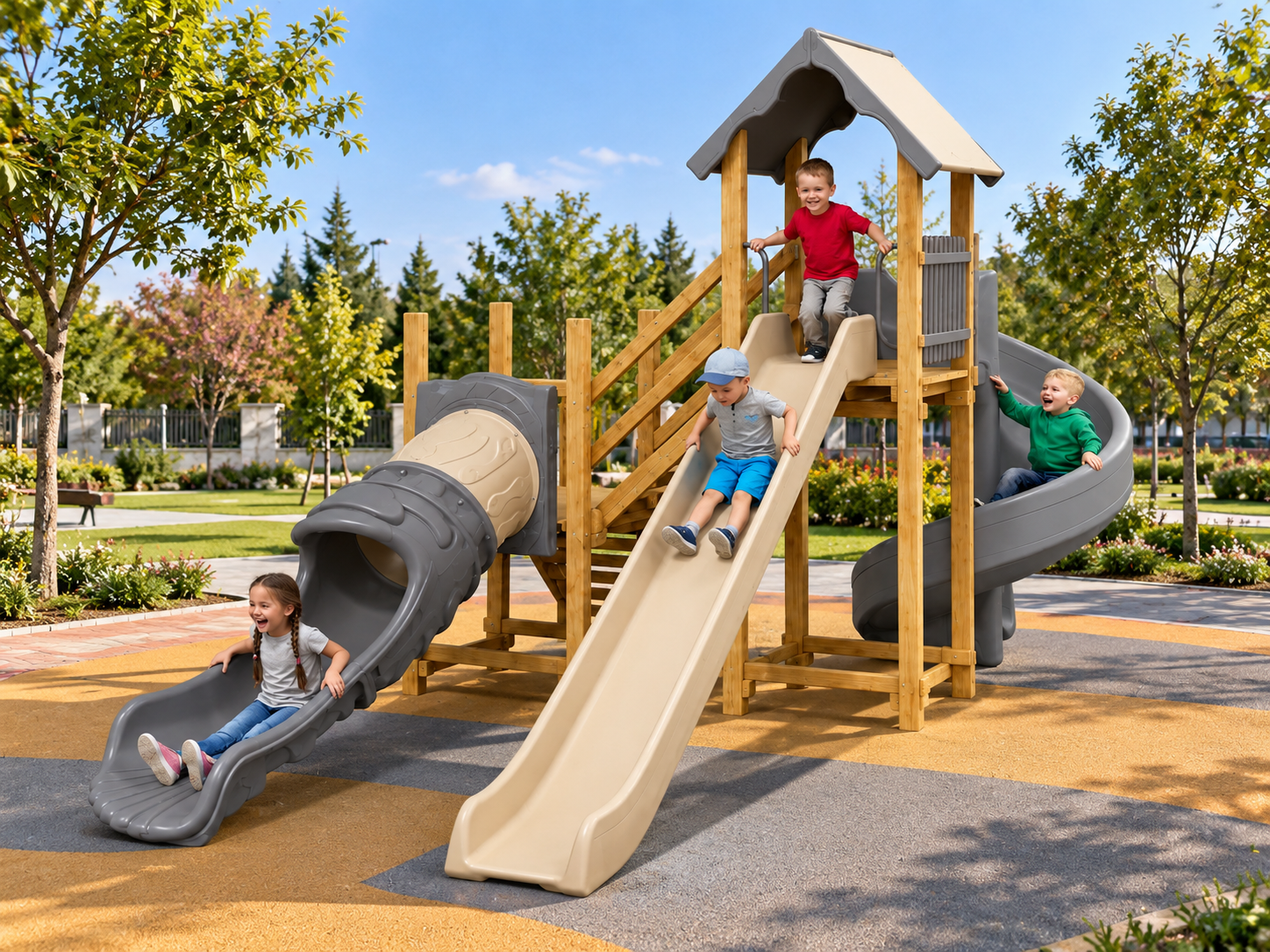 Ahşap Çocuk Oyun Parkı SGT104, 3 Kaydıraklı TOKİ Modeli