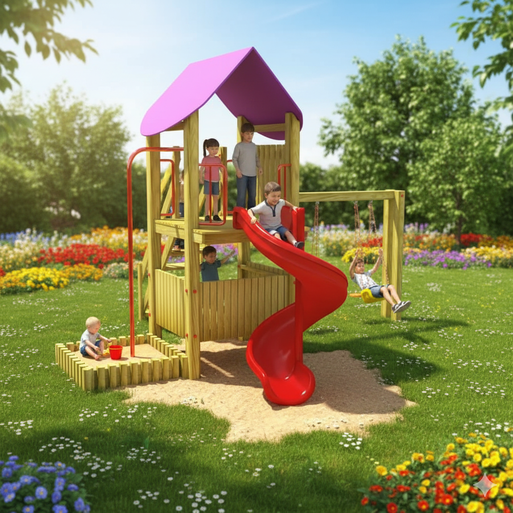 Ahşap Çocuk Parkı SG06, Bir Kaydırak 2 Salıncaklı Model