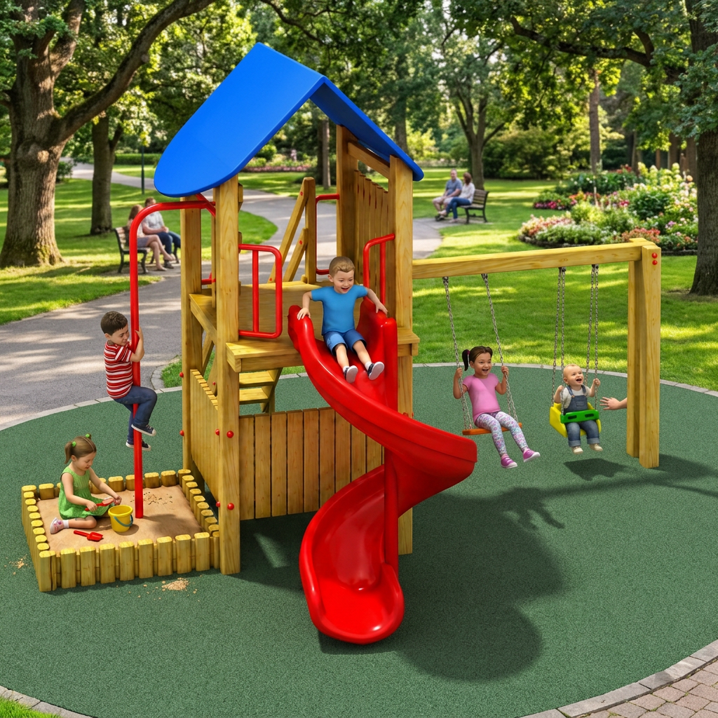 Ahşap Çocuk Parkı SG06, Bir Kaydırak 2 Salıncaklı Model