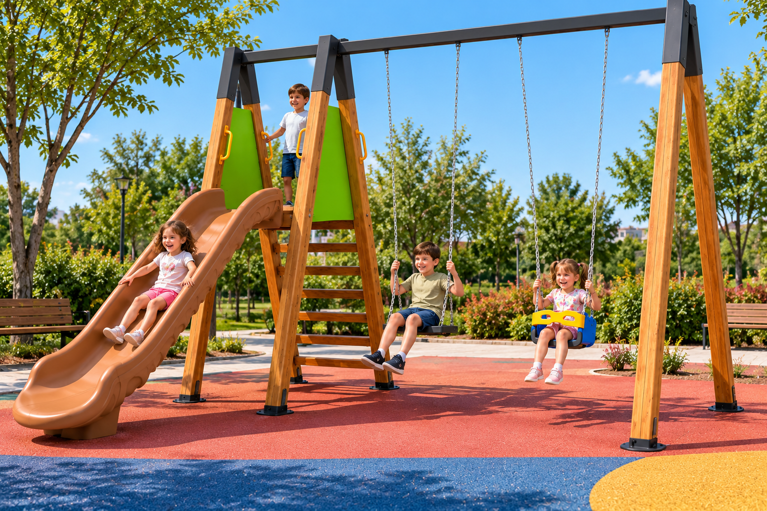 Wooden Outdoor Playground – SG0938  | Single Slide with Double Swing