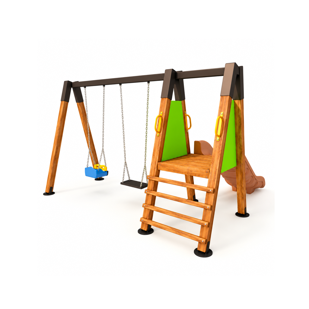 Wooden Outdoor Playground – SG0938  | Single Slide with Double Swing