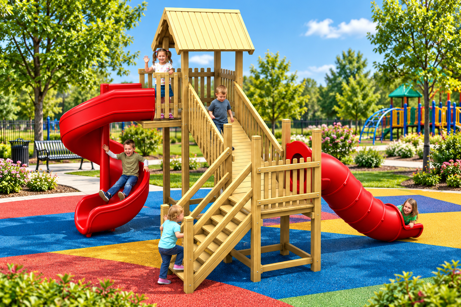 Ahşap Çocuk Parkı SGT101, İki Kuleli & Köprülü TOKİ Modeli 