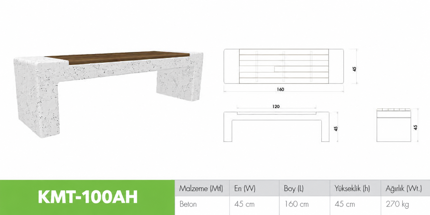 Beton Oturma Bankı KMT-100AH Ahşaplı Model