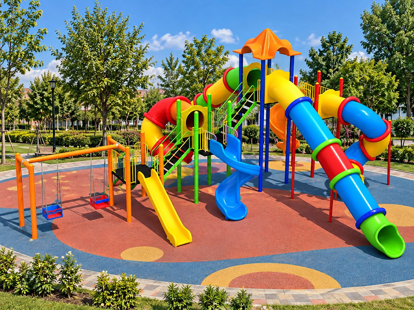 Single-Tower Playground Set with Six Slides and Double Swing – BOS-21 (11x10.5m)