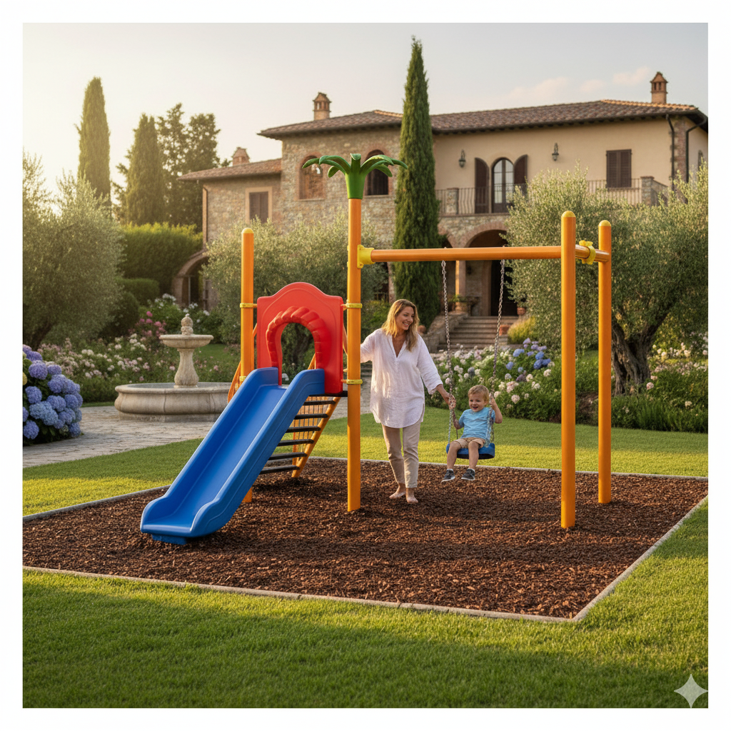 Single-Tower Playground Set with Slide, Swing, and Palm Tree Figure – PBM-01