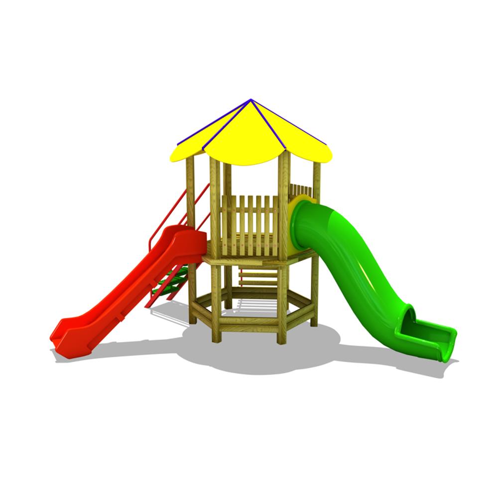 Bir Kuleli İki Kaydıraklı Ahşap Çocuk Oyun Parkı