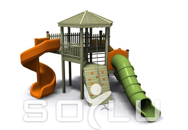 Bir Kuleli Üç Kaydıraklı Toki Modeli Ahşap Çocuk Parkı