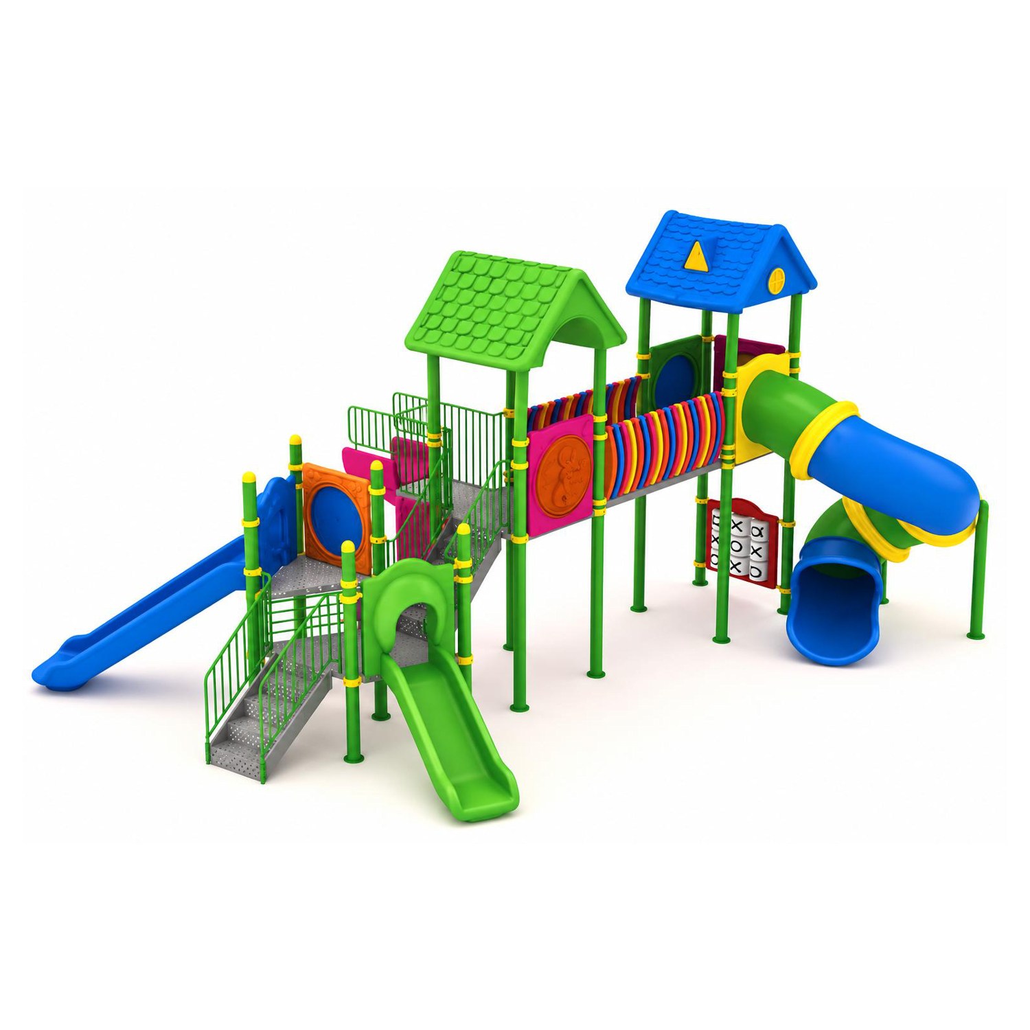 Outdoor Playground Set with Four Towers and House-Style Roof – 8.5 x 6 m