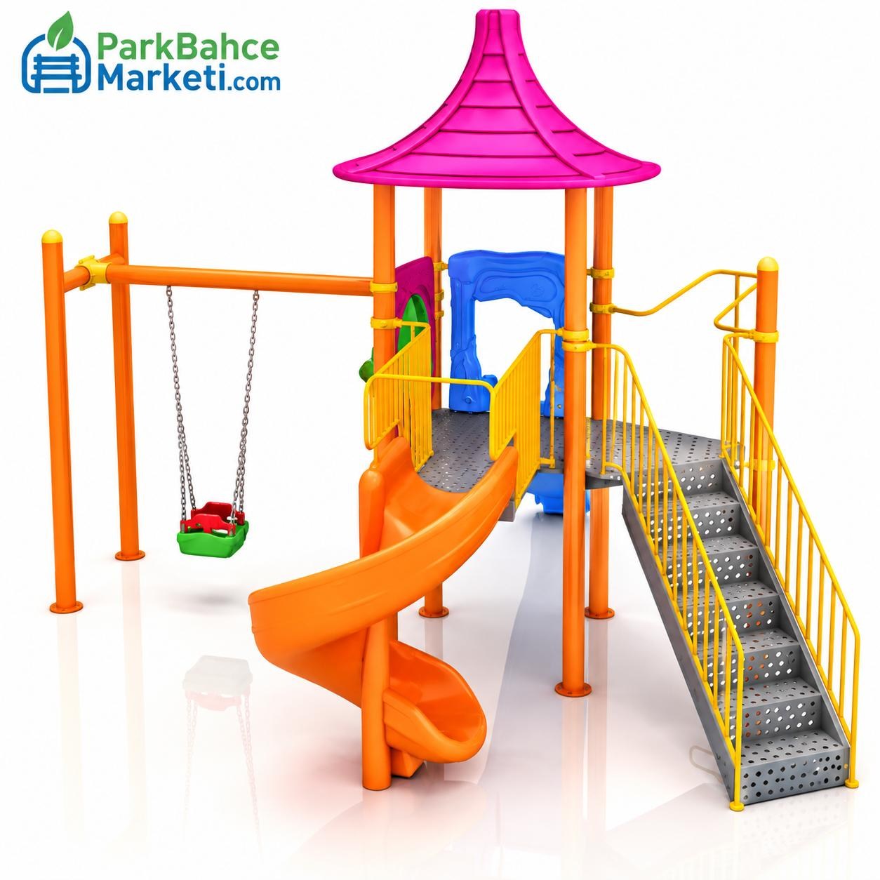 Çocuk Oyun Grubu İki Kaydıraklı, Konik Çatılı 5.8 m x 5.9 m