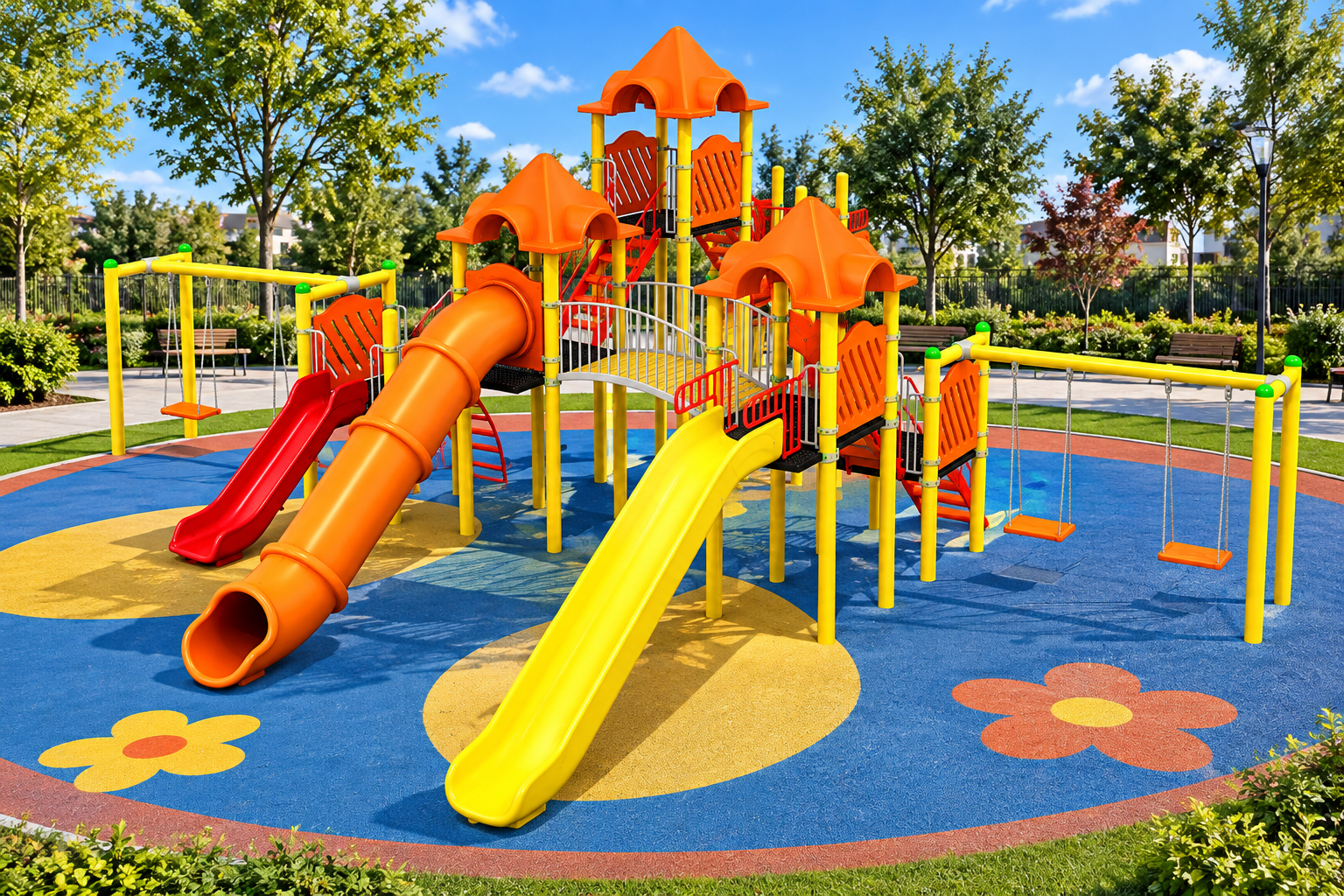 Outdoor Playground Set with Four Slides and Four Swings – BOS-15 (12x12m)